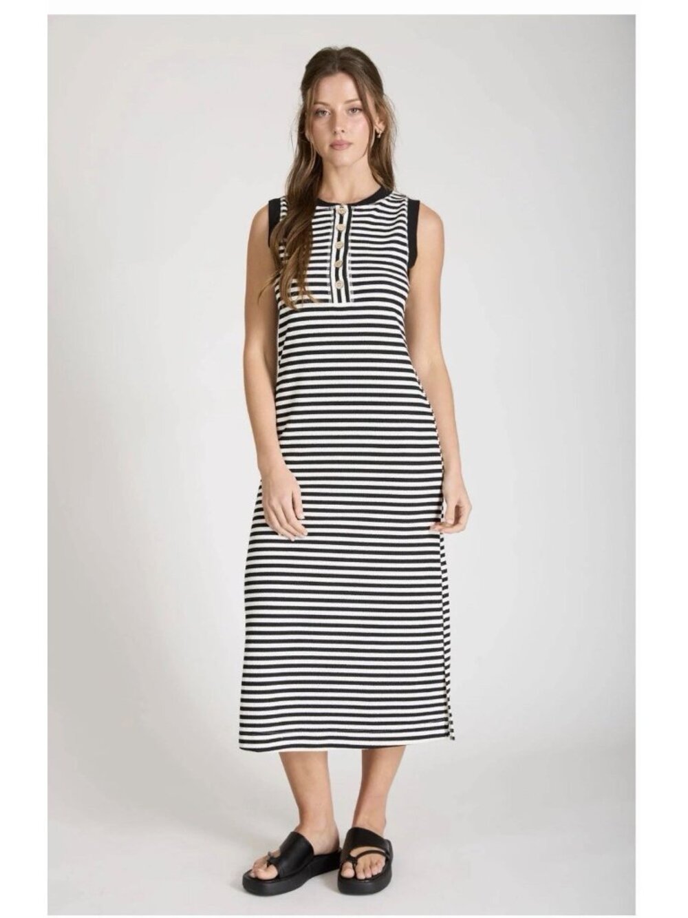 Blu Pepper Womens STRIPE HENLEY TANK KNIT MIDI DRESS: BLACK Medium